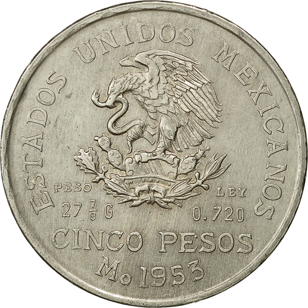 Coin, Mexico, 5 Pesos, 1953, Mexico City, AU(50-53), Silver, KM:468