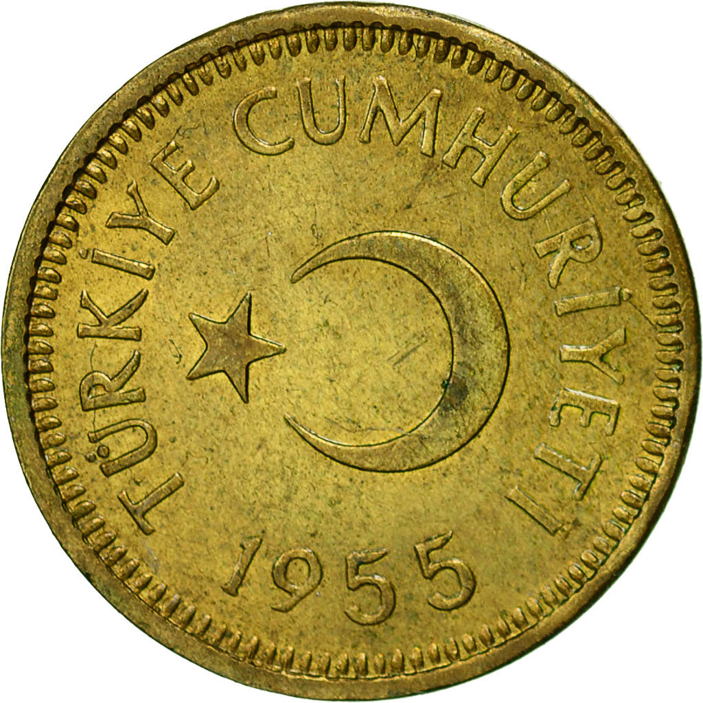 Moneda, Turquía, 10 Kurus, 1955, MBC, Latón, KM:888