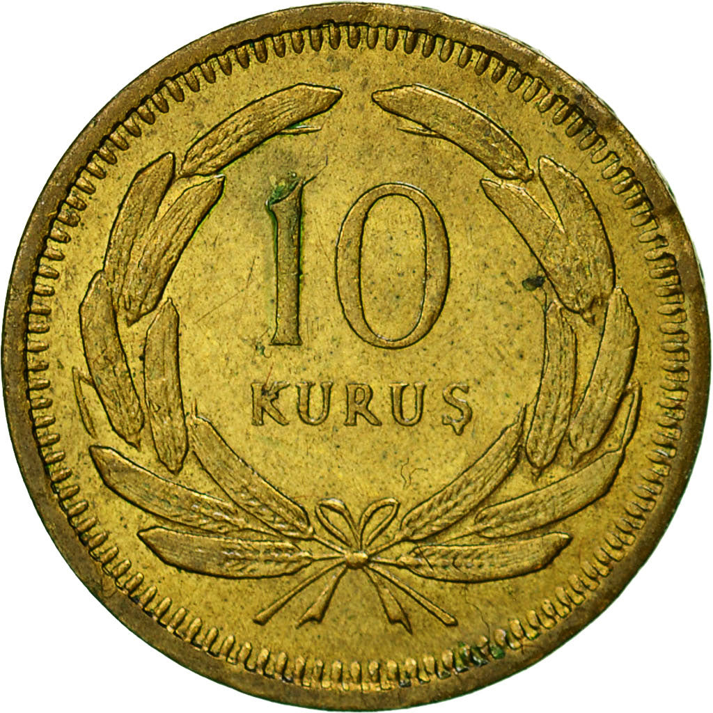 Moneda, Turquía, 10 Kurus, 1955, MBC, Latón, KM:888