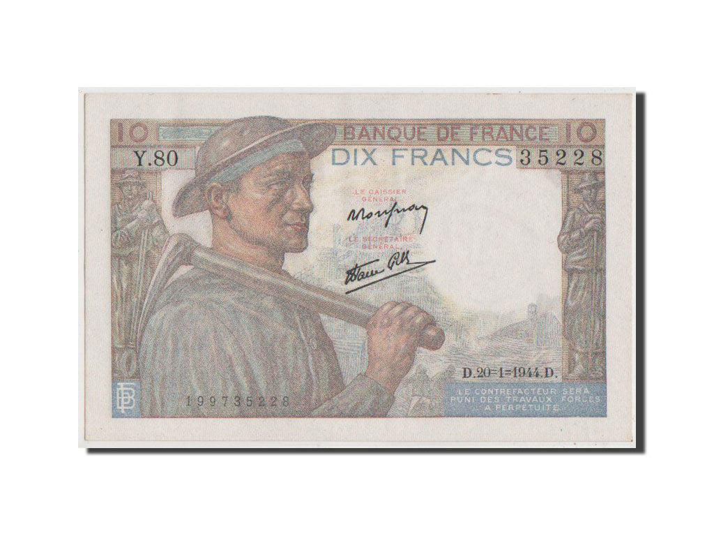 Francia, 10 Francs, 10 F 1941-1949 ''Mineur'', 1944, KM:99e, SPL, Fayette:8.11