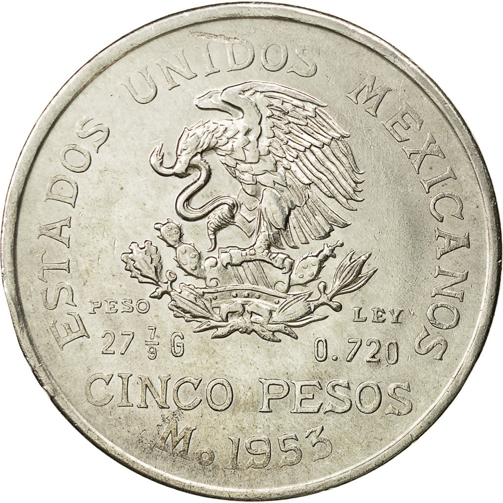 Coin, Mexico, 5 Pesos, 1953, Mexico City, AU(55-58), Silver, KM:468
