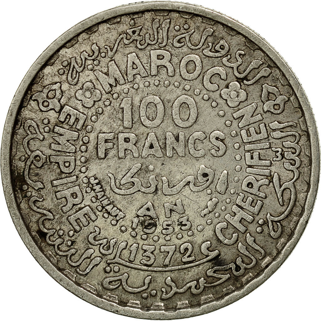 Marruecos, Mohammed V, 100 Francs, 1953, Paris, MBC, Plata, KM:52