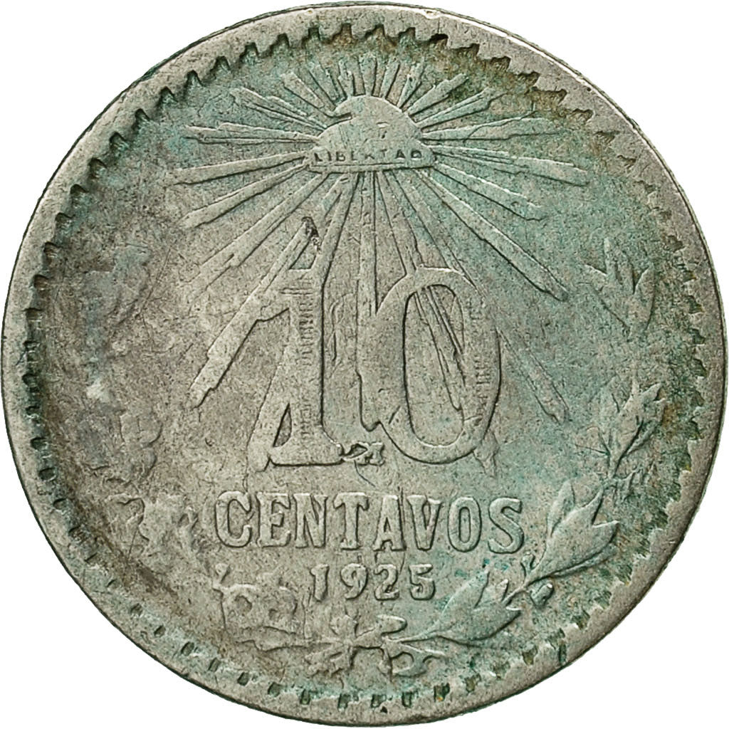 México, 10 Centavos, 1925, Mexico City, MBC, Plata, KM:431