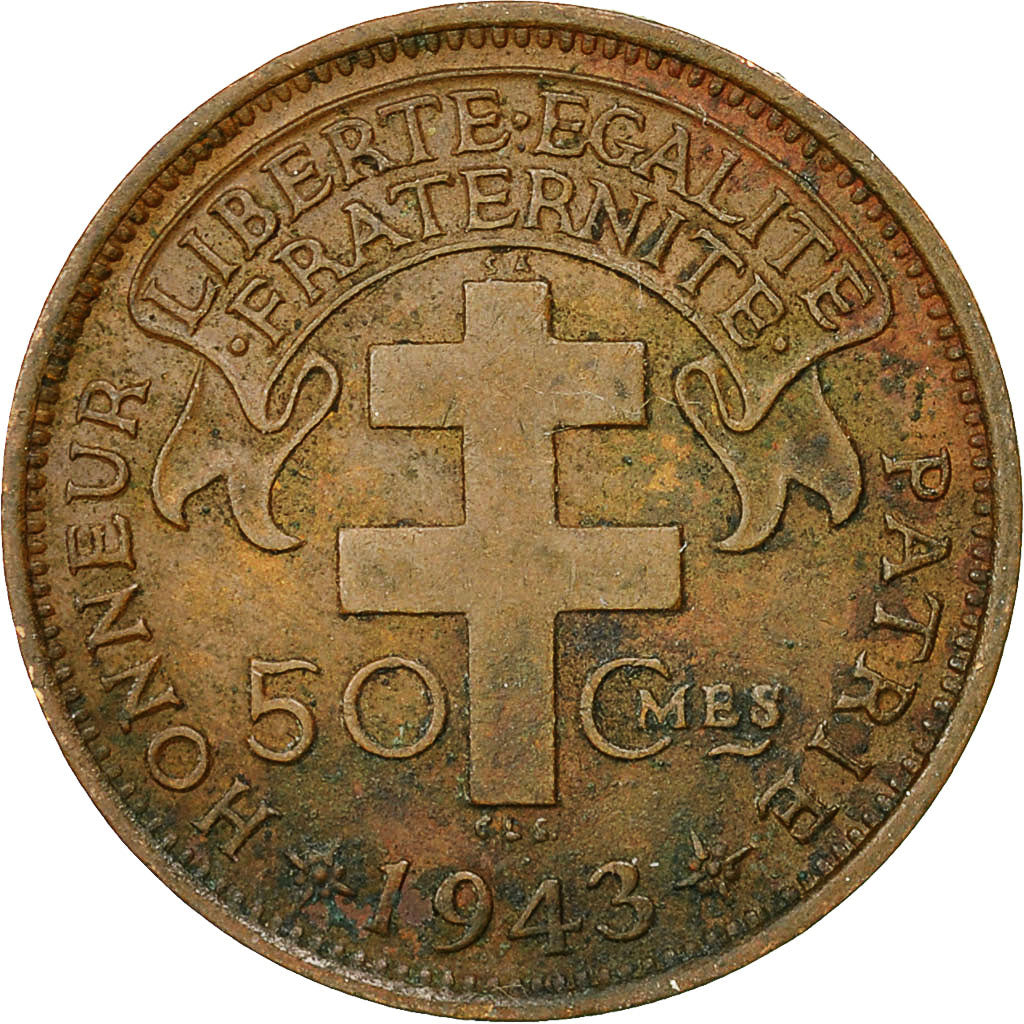 Camerún, 50 Centimes, 1943, Pretoria, MBC, Bronce, KM:4