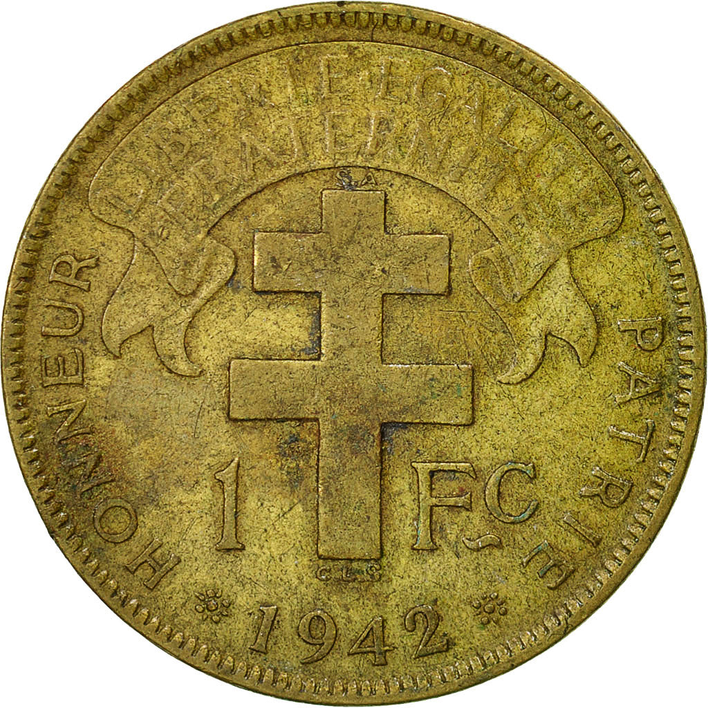 French Equatorial Africa, Franc, 1942, Pretoria, EF(40-45), Brass, KM:2