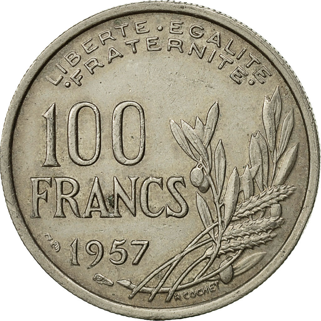 France, Cochet, 100 Francs, 1957, Paris, EF(40-45), Copper-nickel, KM:919.1, Le