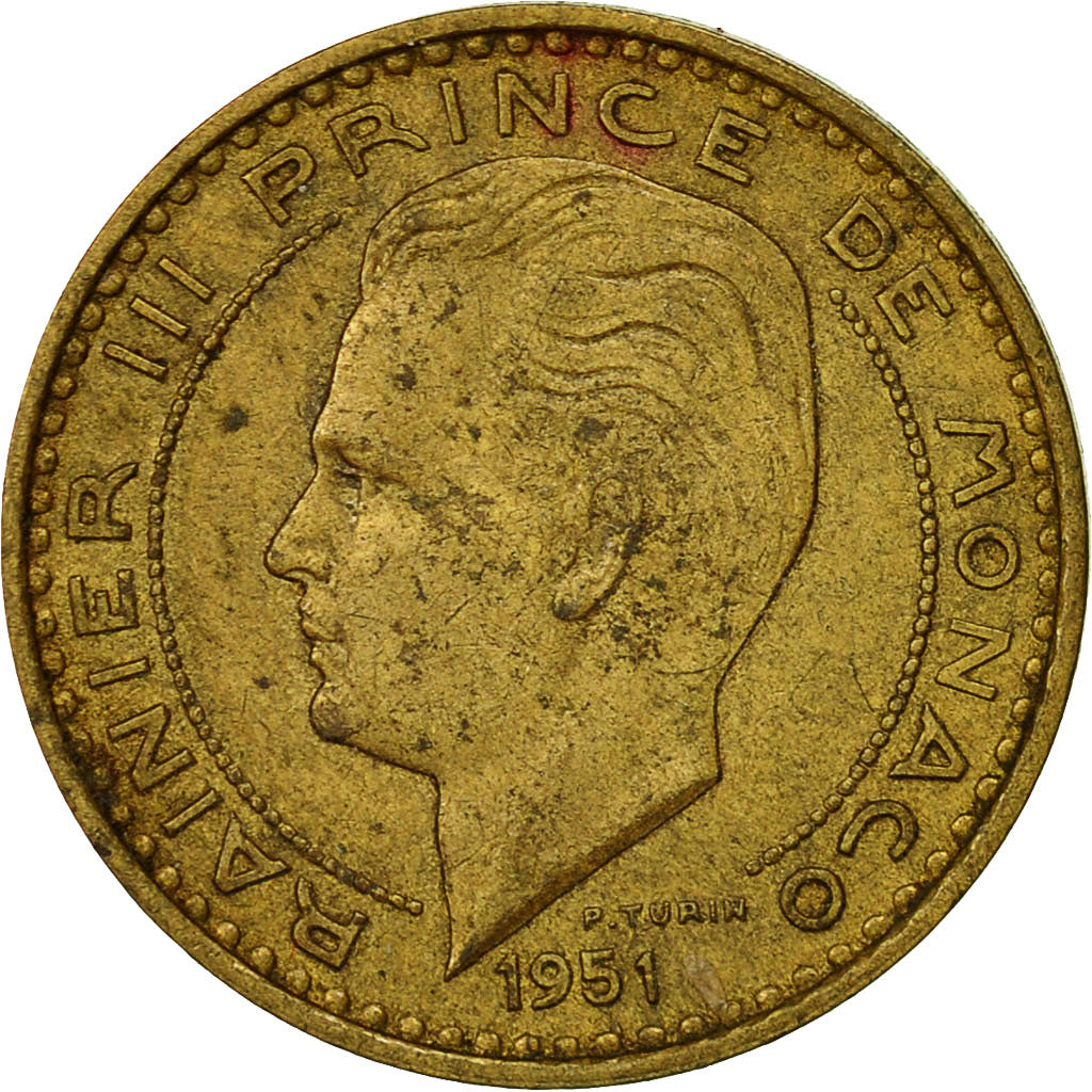 Coin, Monaco, Rainier III, 20 Francs, Vingt, 1951, EF(40-45), Aluminum-Bronze