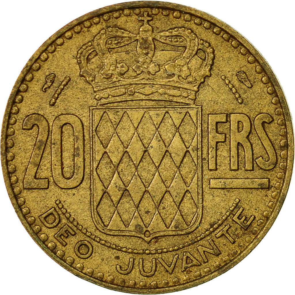 Coin, Monaco, Rainier III, 20 Francs, Vingt, 1951, EF(40-45), Aluminum-Bronze