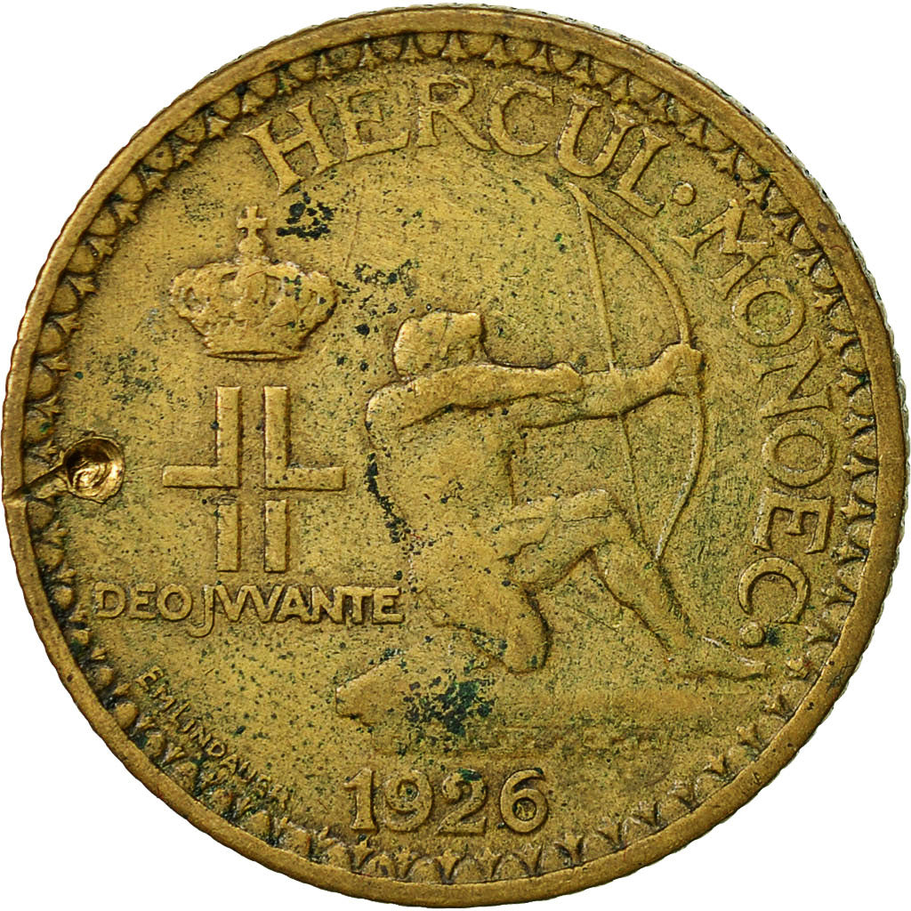 Coin, Monaco, Louis II, 2 Francs, 1926, Poissy, EF(40-45), Aluminum-Bronze