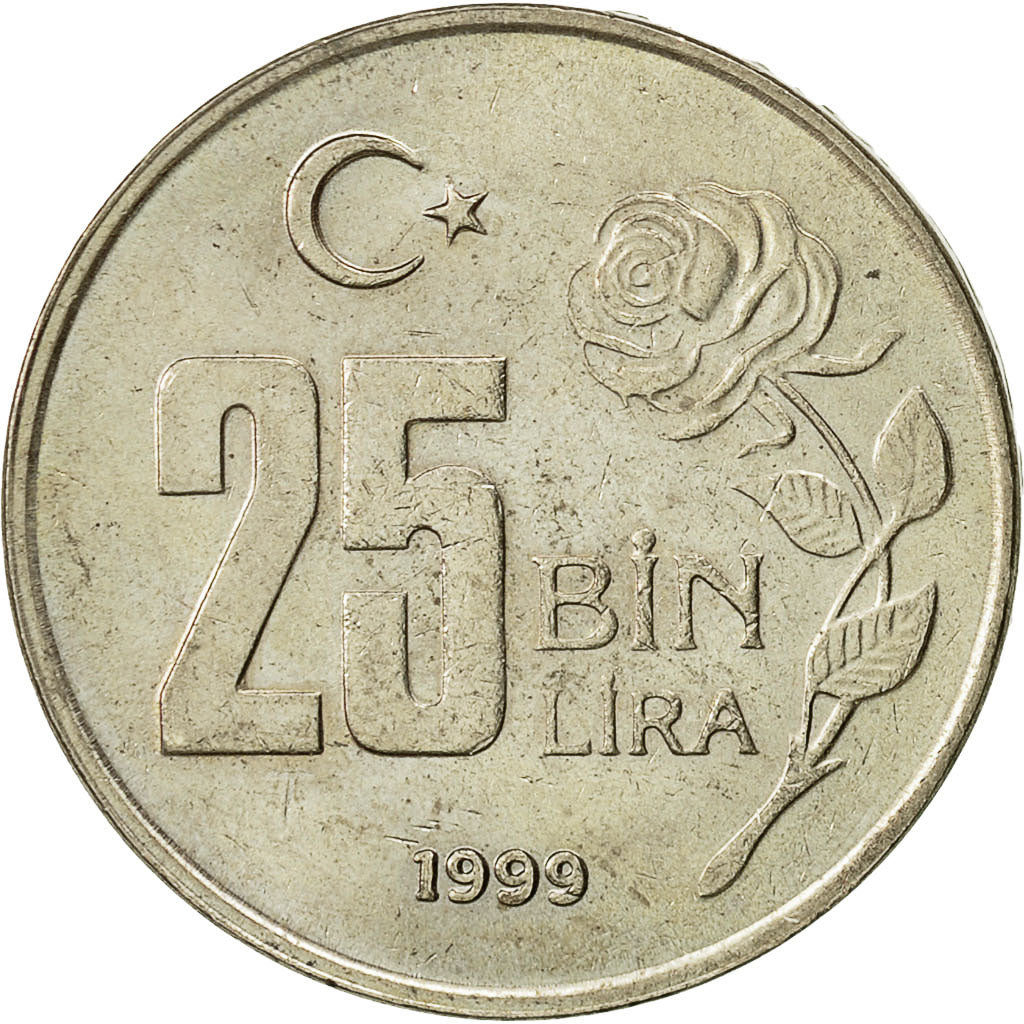 Coin, Turkey, 25000 Lira, 25 Bin Lira, 1999, AU(50-53), Copper-Nickel-Zinc
