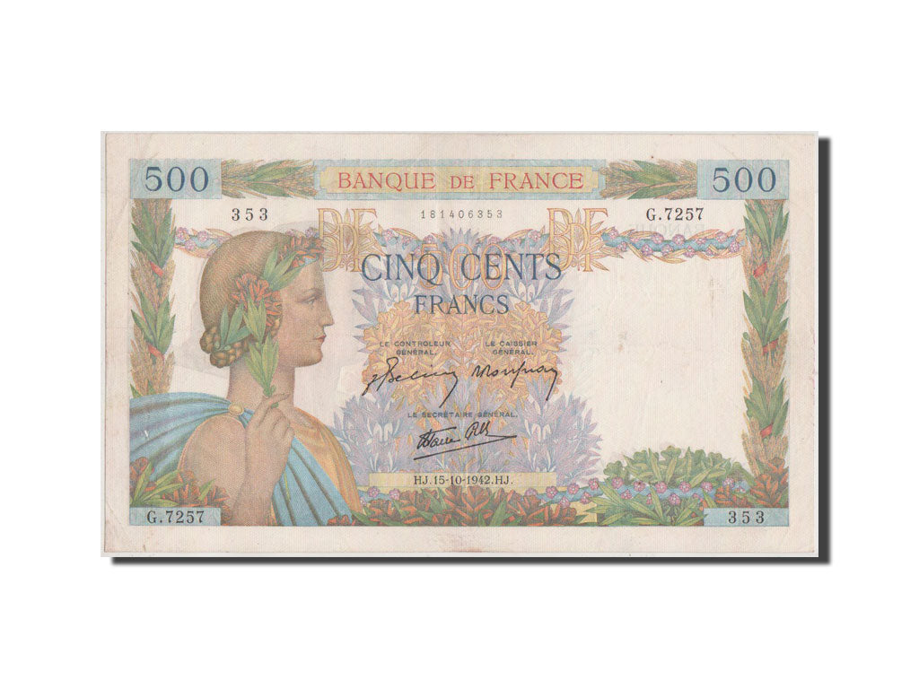 France, 500 Francs, 500 F 1940-1944 ''La Paix'', 1942, KM #95b, AU(55-58),...