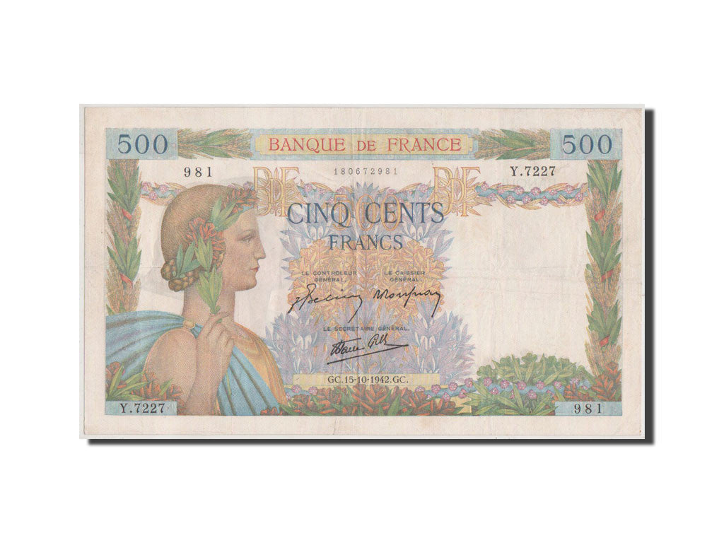 France, 500 Francs, 500 F 1940-1944 ''La Paix'', 1942, KM #95b, AU(50-53),...