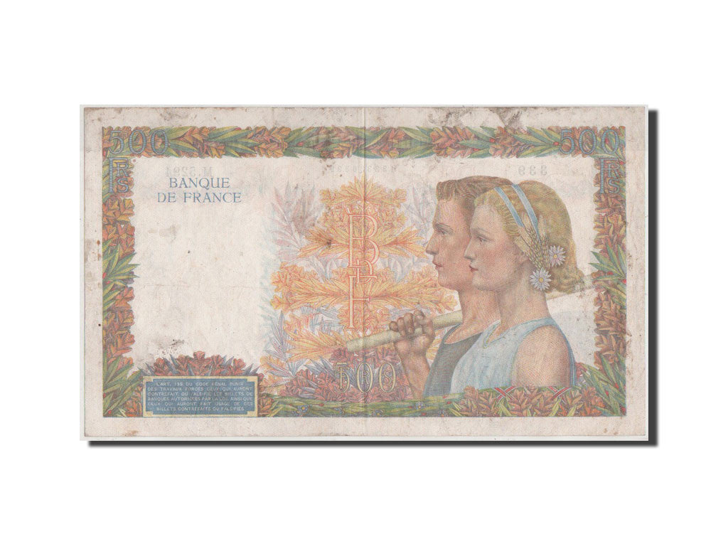 Biljet, Frankrijk, 500 Francs, 500 F 1940-1944 ''La Paix'', 1942, TB+