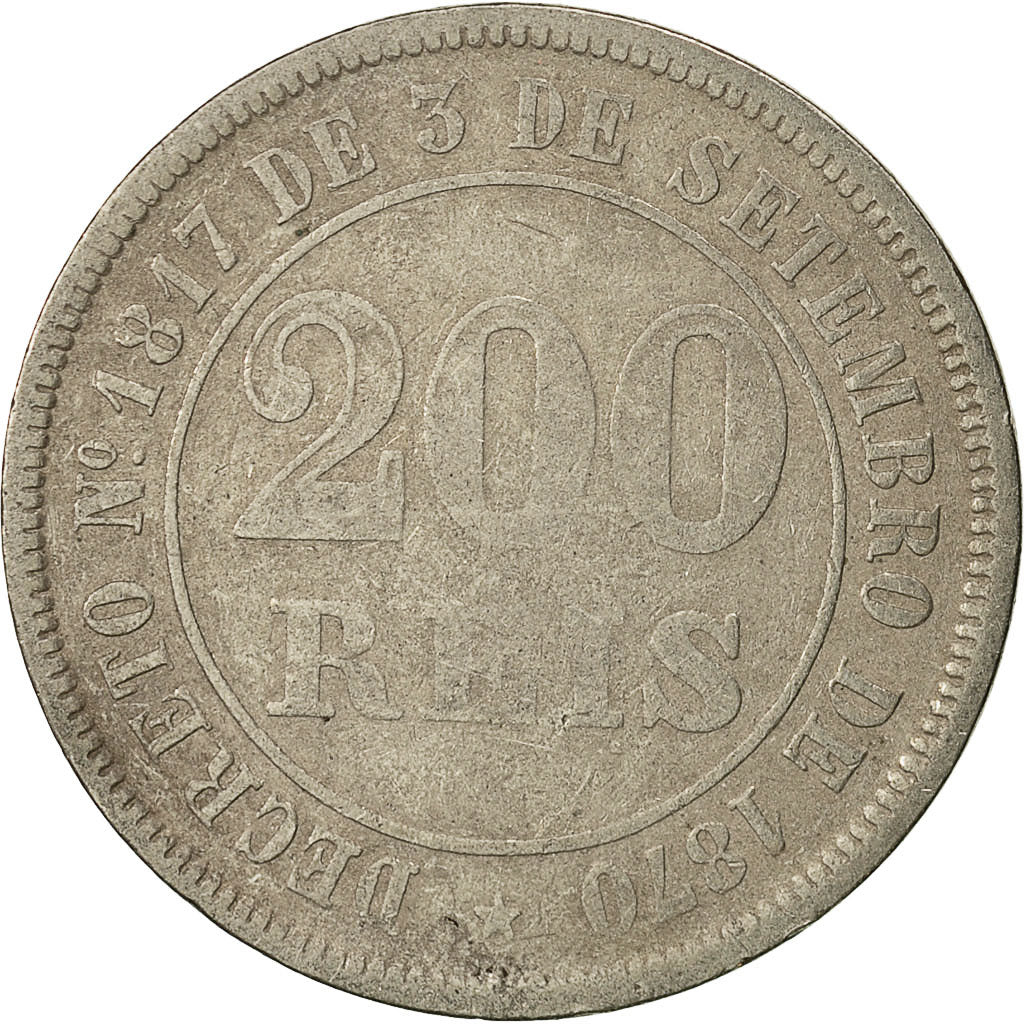 Moneta, Brasile, Pedro II, 200 Reis, 1877, MB, Rame-nichel, KM:478