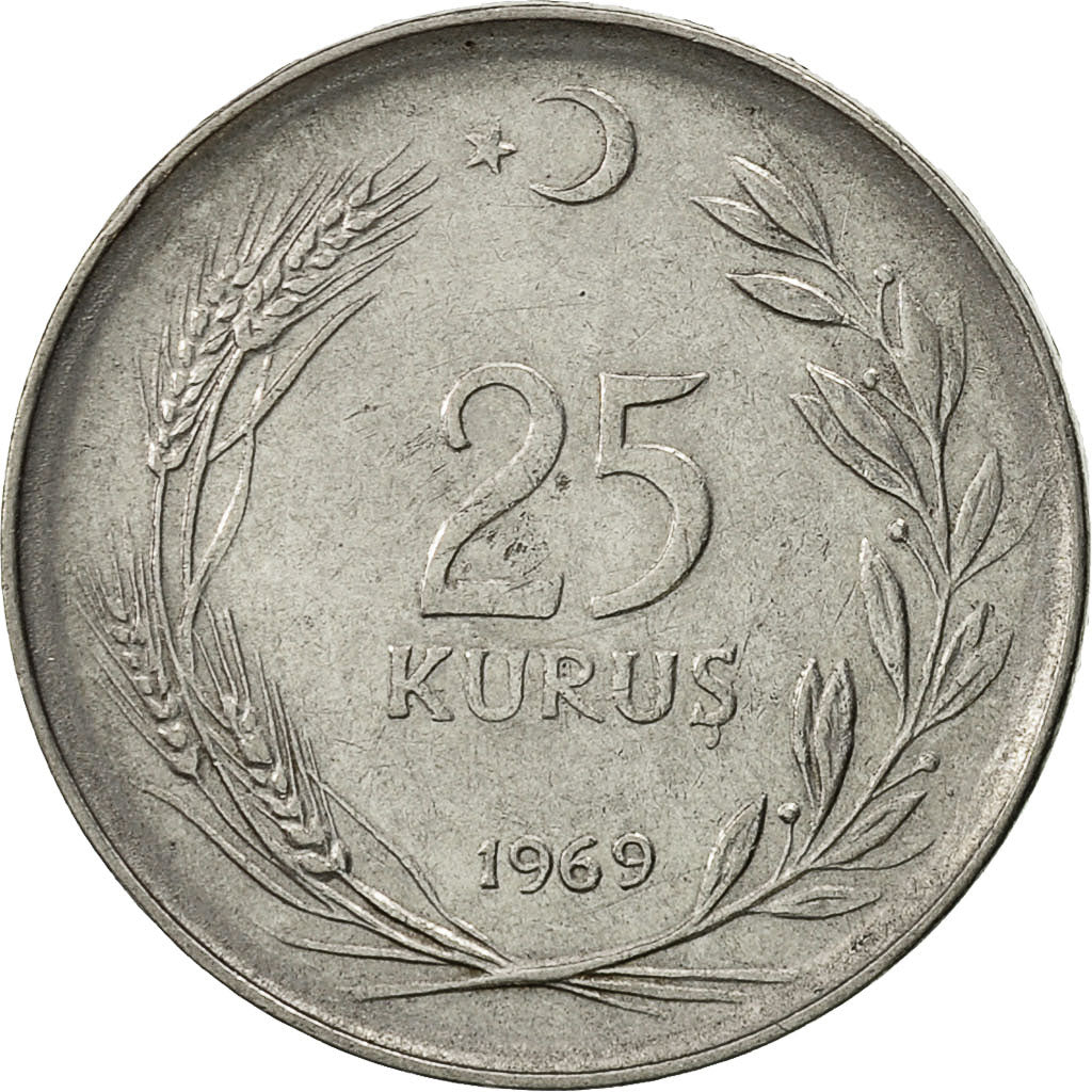 Moneta, Turchia, 25 Kurus, 1969, BB, Acciaio inossidabile, KM:892.3
