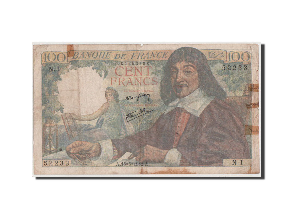 Francia, 100 Francs, 100 F 1942-1944 ''Descartes'', 1942, KM:101a, B+, Fayett...