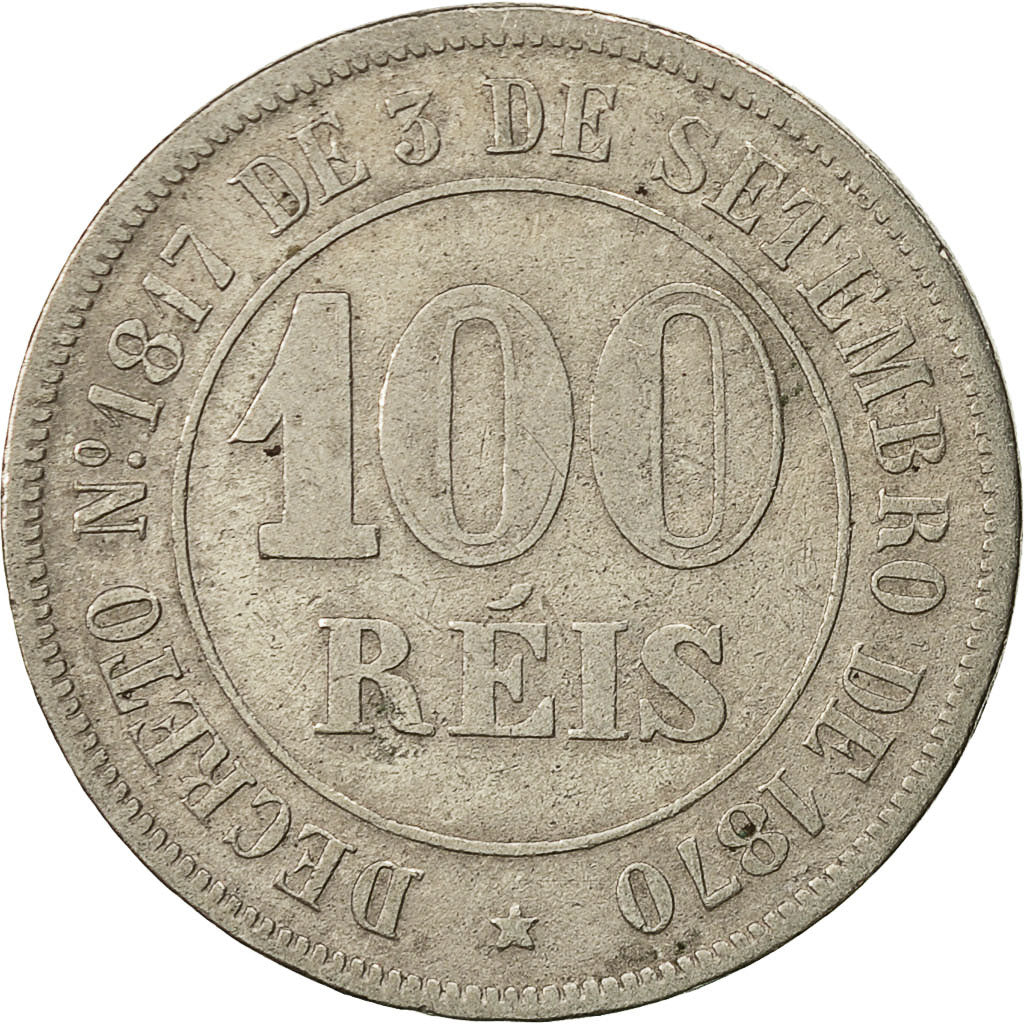 Moneta, Brasile, Pedro II, 100 Reis, 1871, BB, Rame-nichel, KM:477