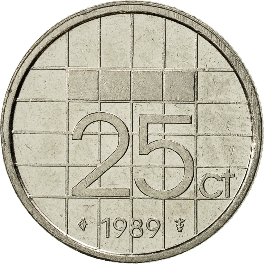 Coin, Netherlands, Beatrix, 25 Cents, 1989, EF(40-45), Nickel, KM:204
