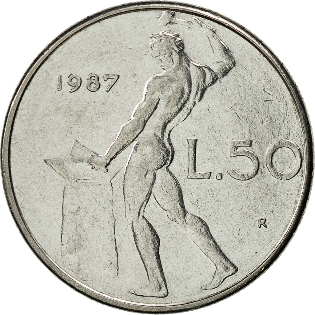 Coin, Italy, 50 Lire, 1987, Rome, EF(40-45), Stainless Steel, KM:95.1