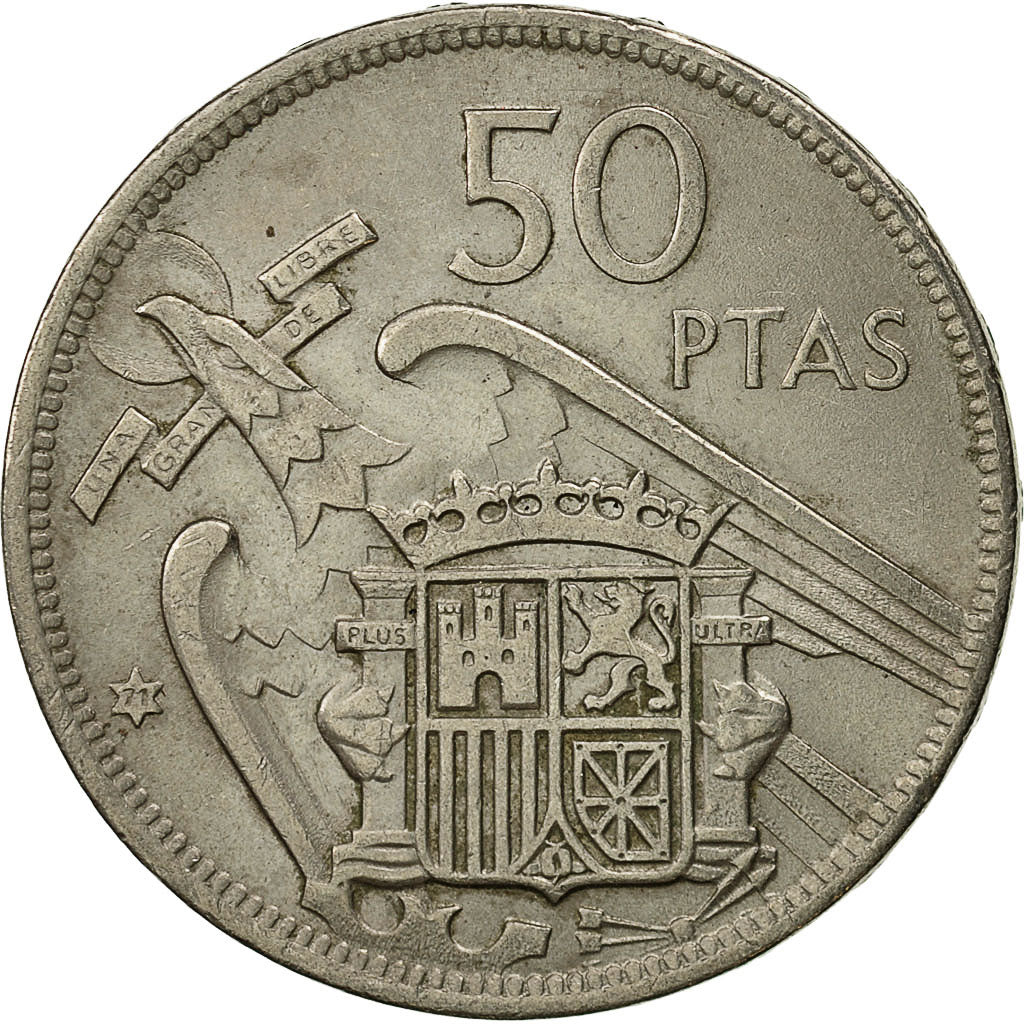 Coin, Spain, Caudillo and regent, 50 Pesetas, 1971, AU(50-53), Copper-nickel