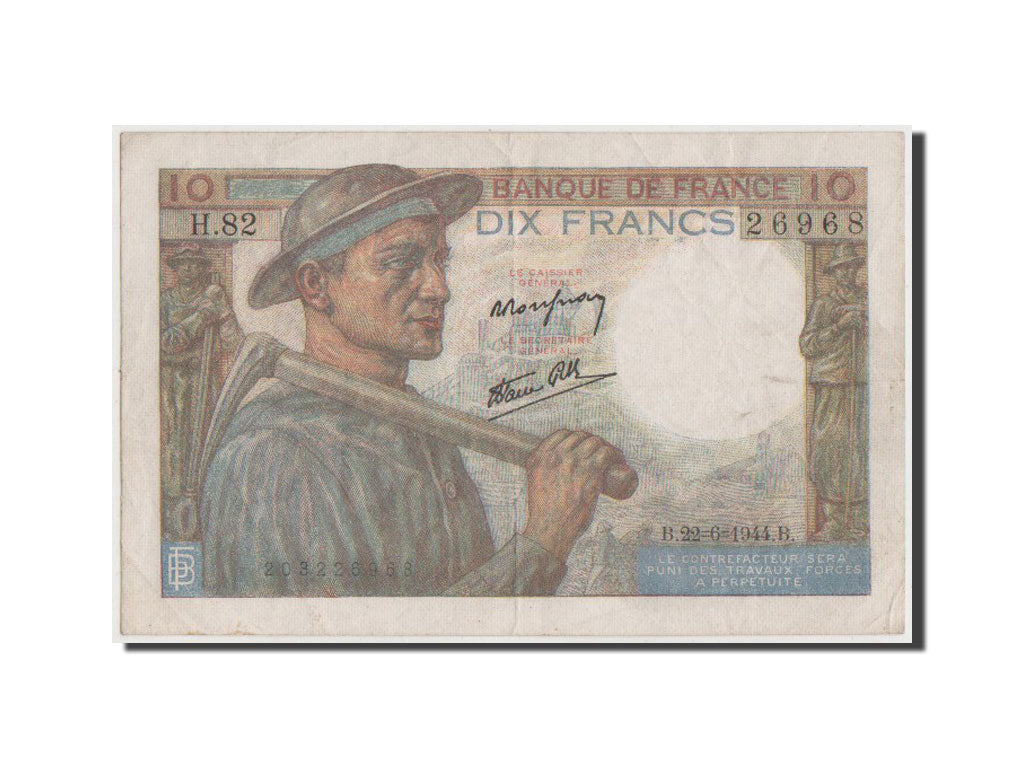 France, 10 Francs, 10 F 1941-1949 ''Mineur'', 1944, KM #99e, EF(40-45), H.82,...