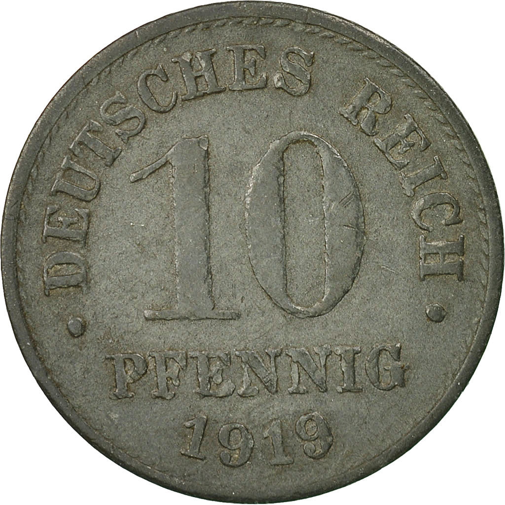 Coin, GERMANY - EMPIRE, 10 Pfennig, 1919, Berlin, EF(40-45), Zinc, KM:26
