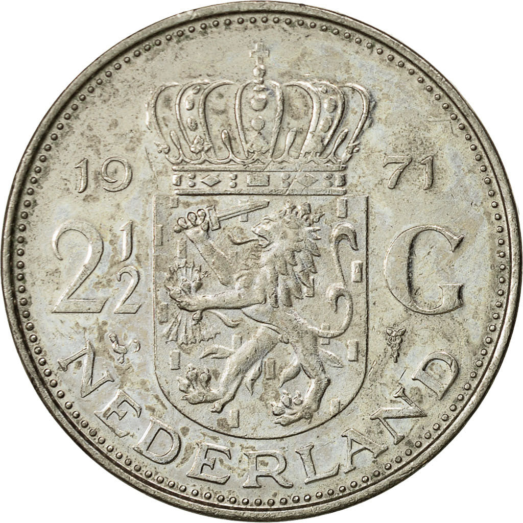 Coin, Netherlands, Juliana, 2-1/2 Gulden, 1971, AU(50-53), Nickel, KM:191