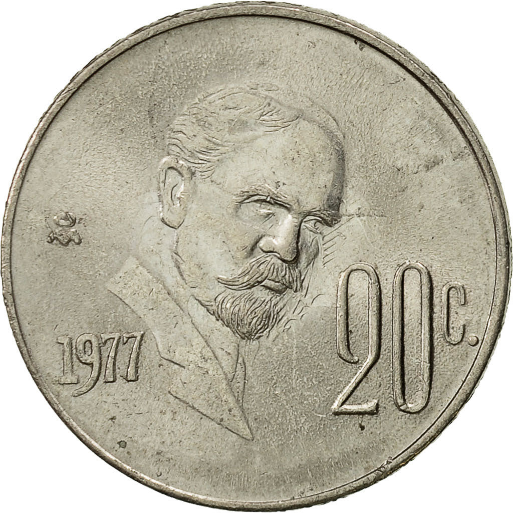 Moneta, Mexico, 20 Centavos, 1977, Mexico City, AU(55-58), Miedź-Nikiel, KM:442