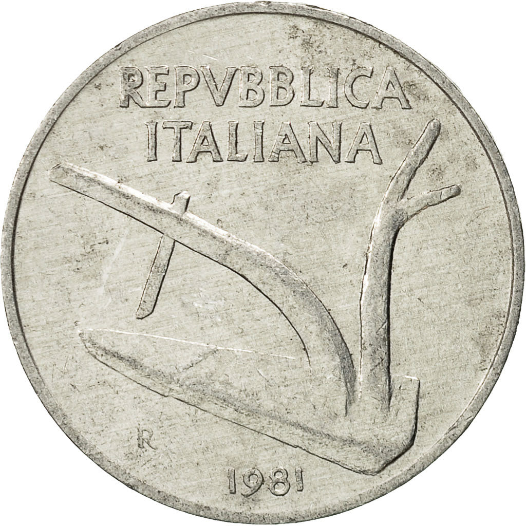 Coin, Italy, 10 Lire, 1981, Rome, EF(40-45), Aluminum, KM:93