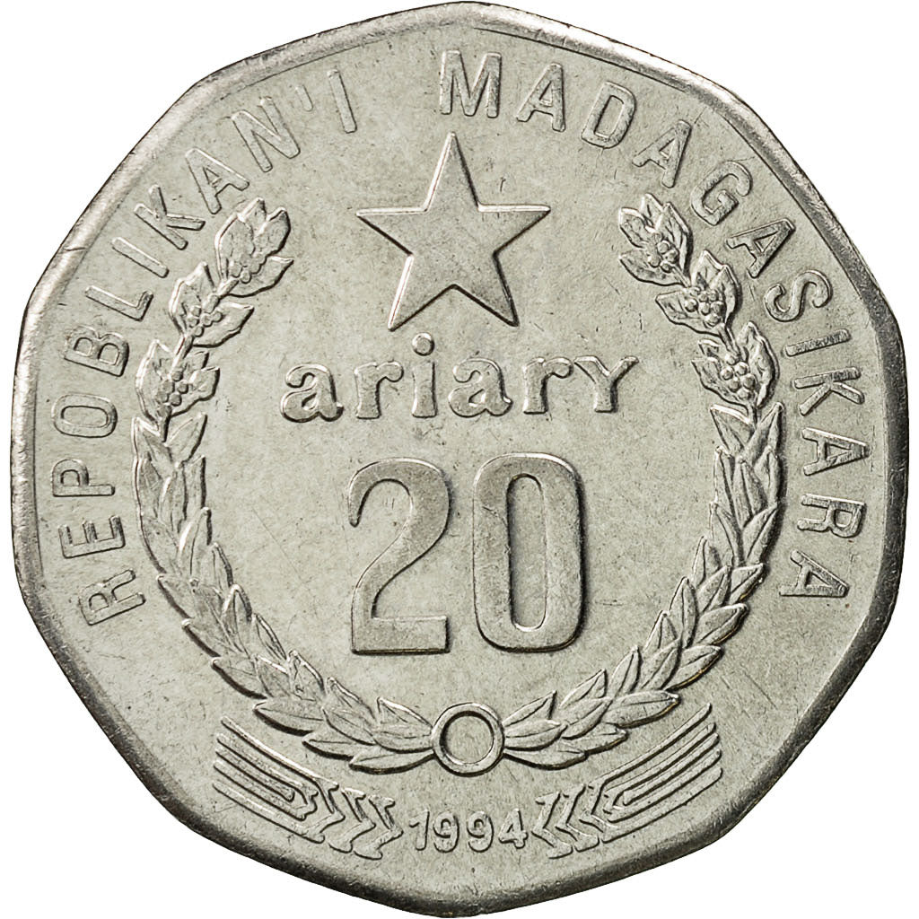 Madagascar, 20 Ariary, 1994, Royal Canadian Mint, AU(55-58), Nickel Clad Steel