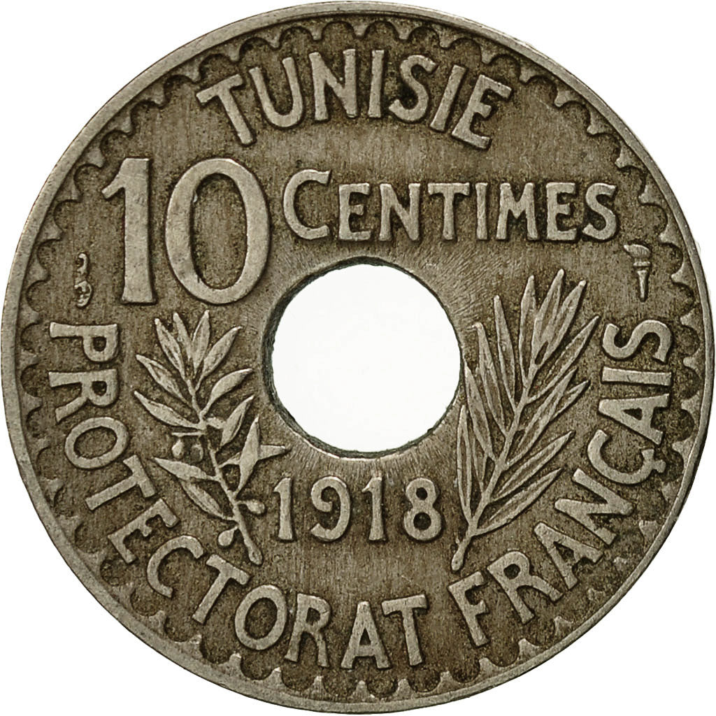 Monnaie, Tunisie, Muhammad al-Nasir Bey, 10 Centimes, 1918, Paris, TTB