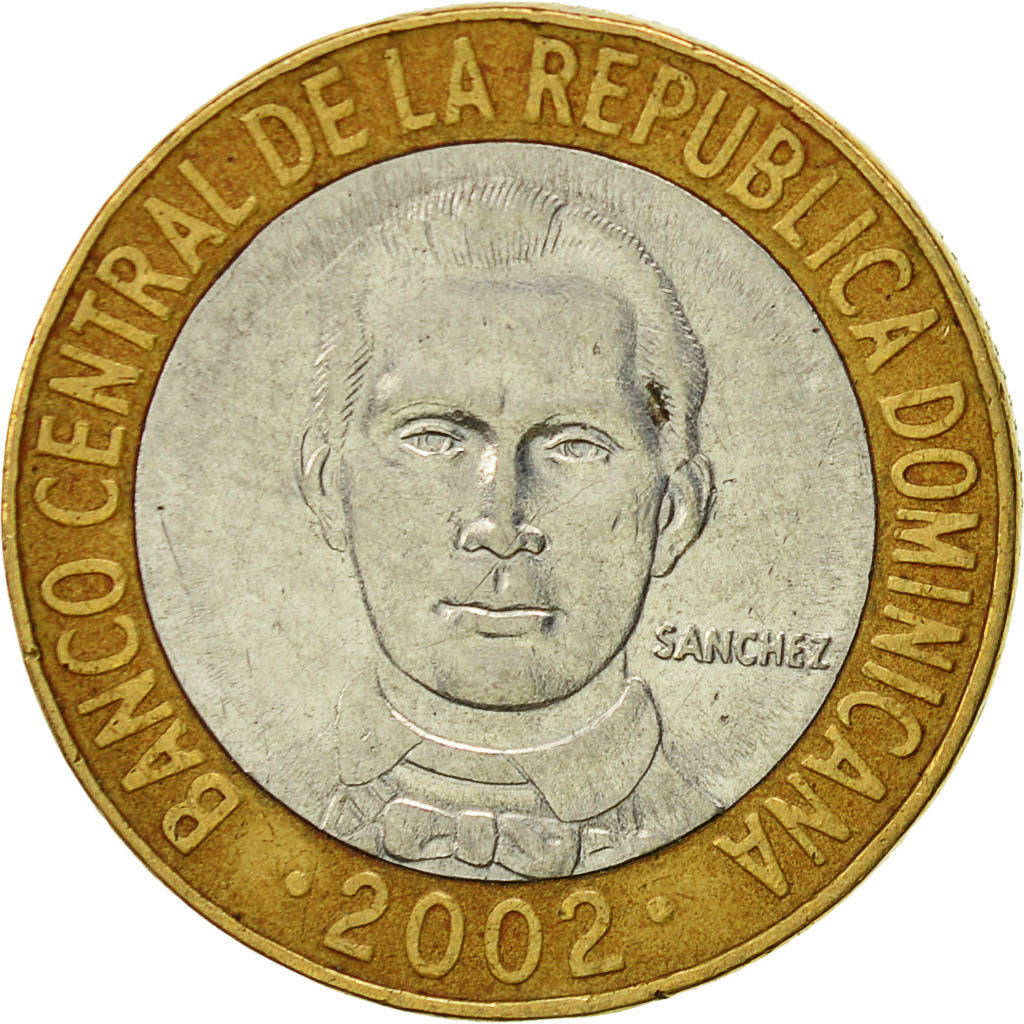 Moneta, Repubblica domenicana, 5 Pesos, 2002, BB, Bi-metallico, KM:89