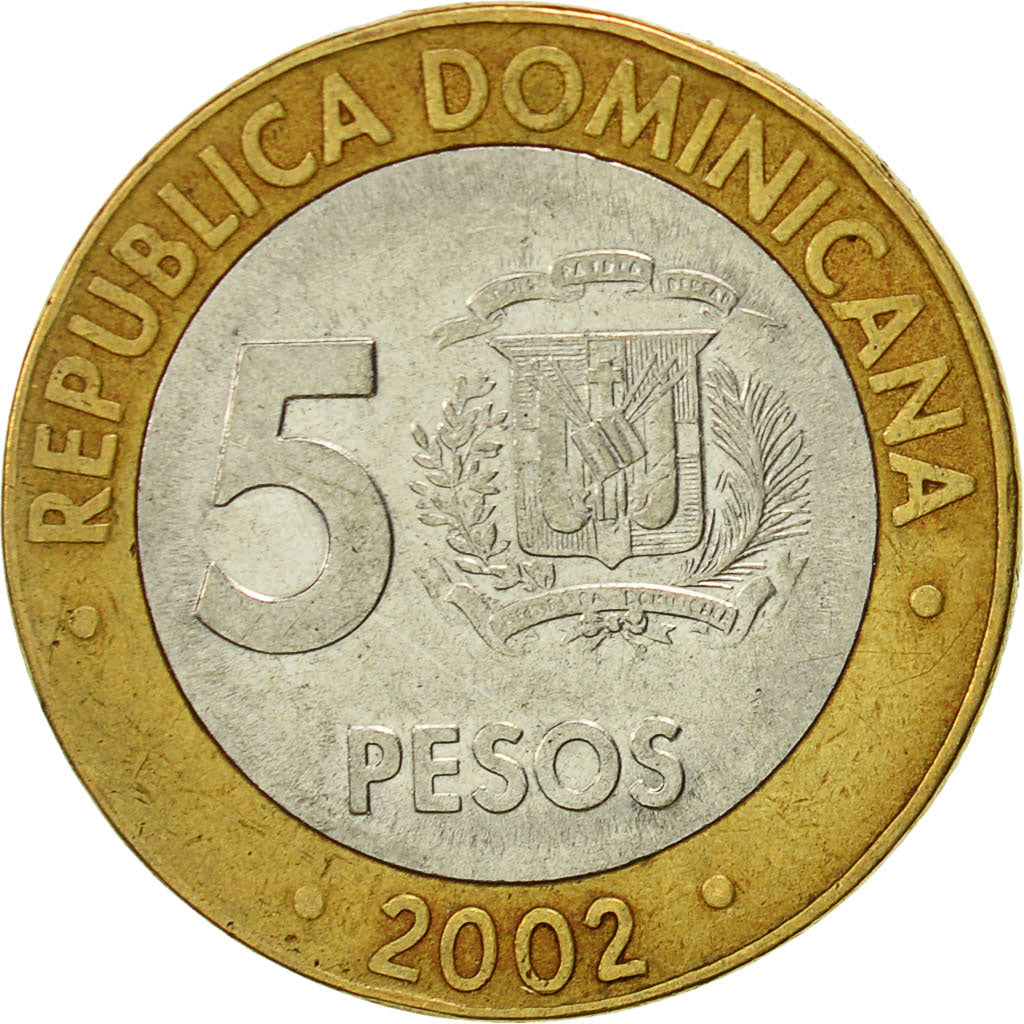 Moneta, Repubblica domenicana, 5 Pesos, 2002, BB, Bi-metallico, KM:89
