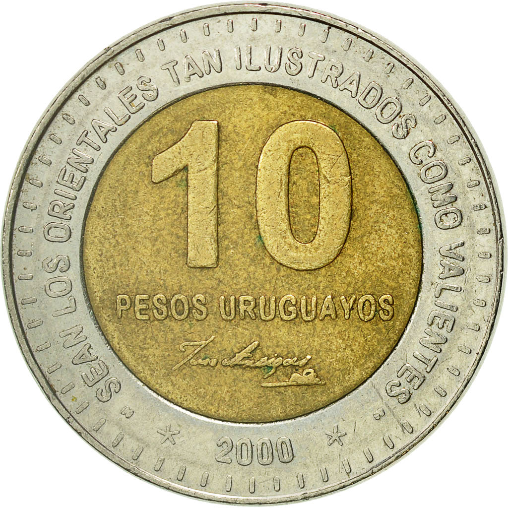 Coin, Uruguay, 10 Pesos Uruguayos, 2000, EF(40-45), Bi-Metallic, KM:121