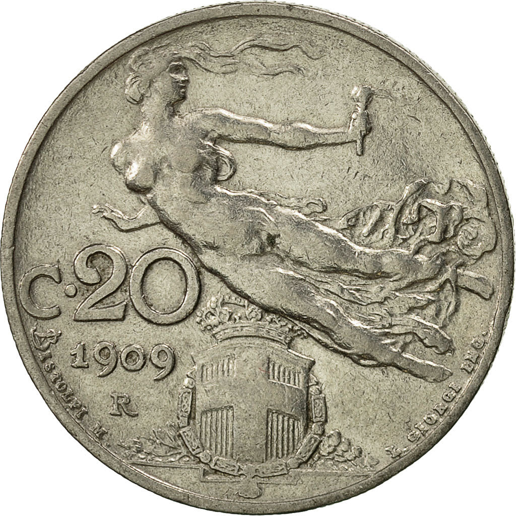 Italy, Vittorio Emanuele III, 20 Centesimi, 1909, Rome, AU(50-53), Nickel, KM:44