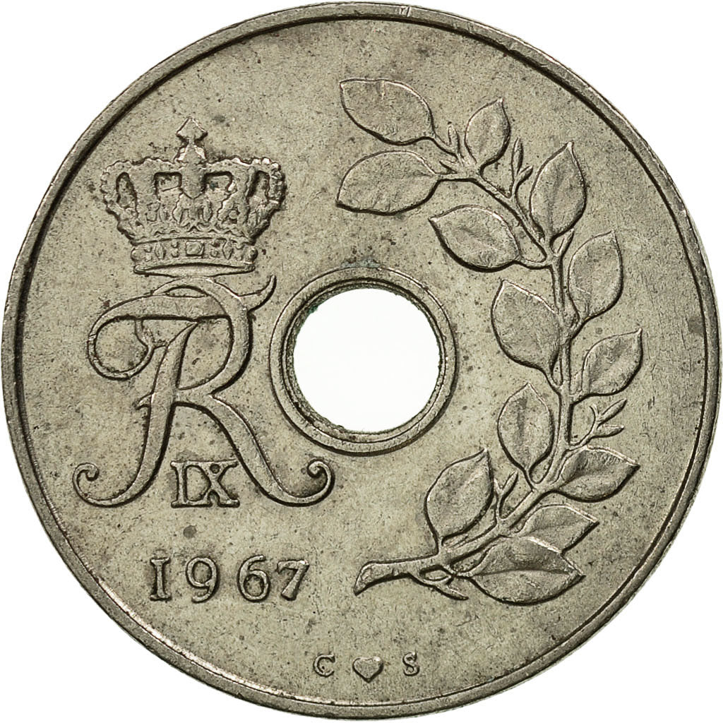 Coin, Denmark, Frederik IX, 25 Öre, 1967, Copenhagen, AU(50-53), Copper-nickel