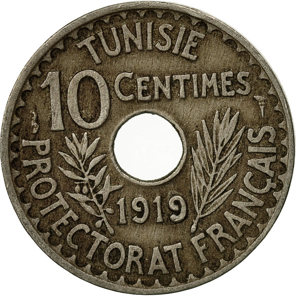 Moneda, Túnez, Muhammad al-Nasir Bey, 10 Centimes, 1919, Paris, MBC, Níquel -