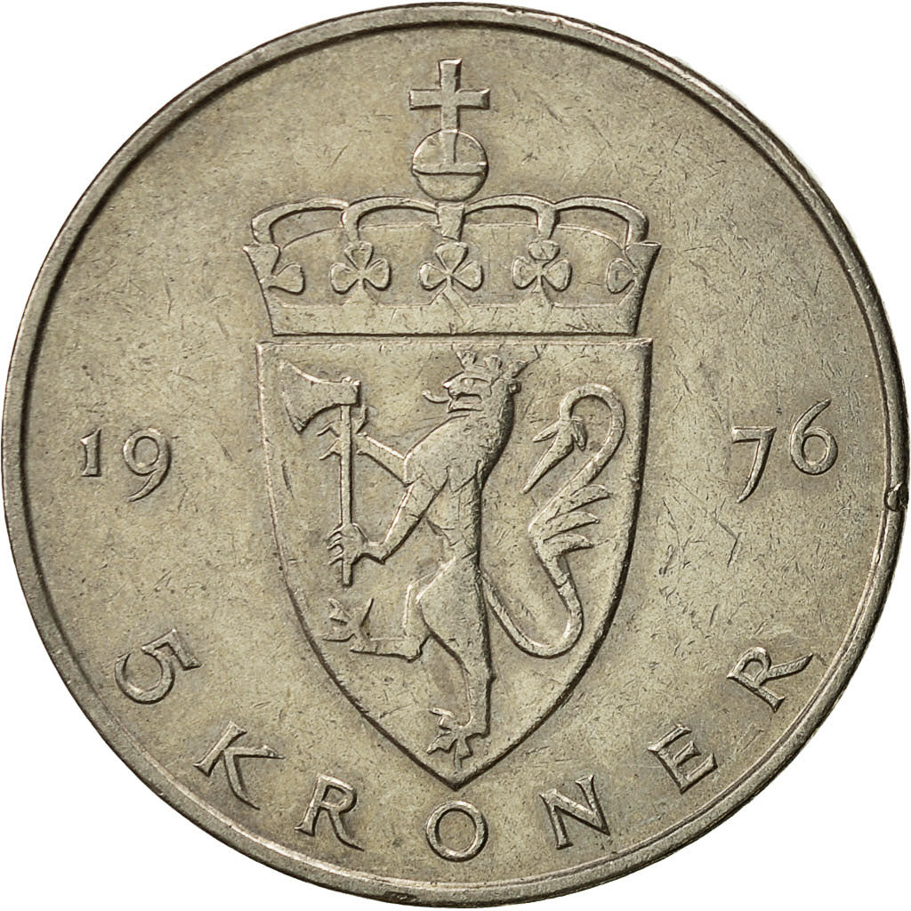 Coin, Norway, Olav V, 5 Kroner, 1976, EF(40-45), Copper-nickel, KM:420