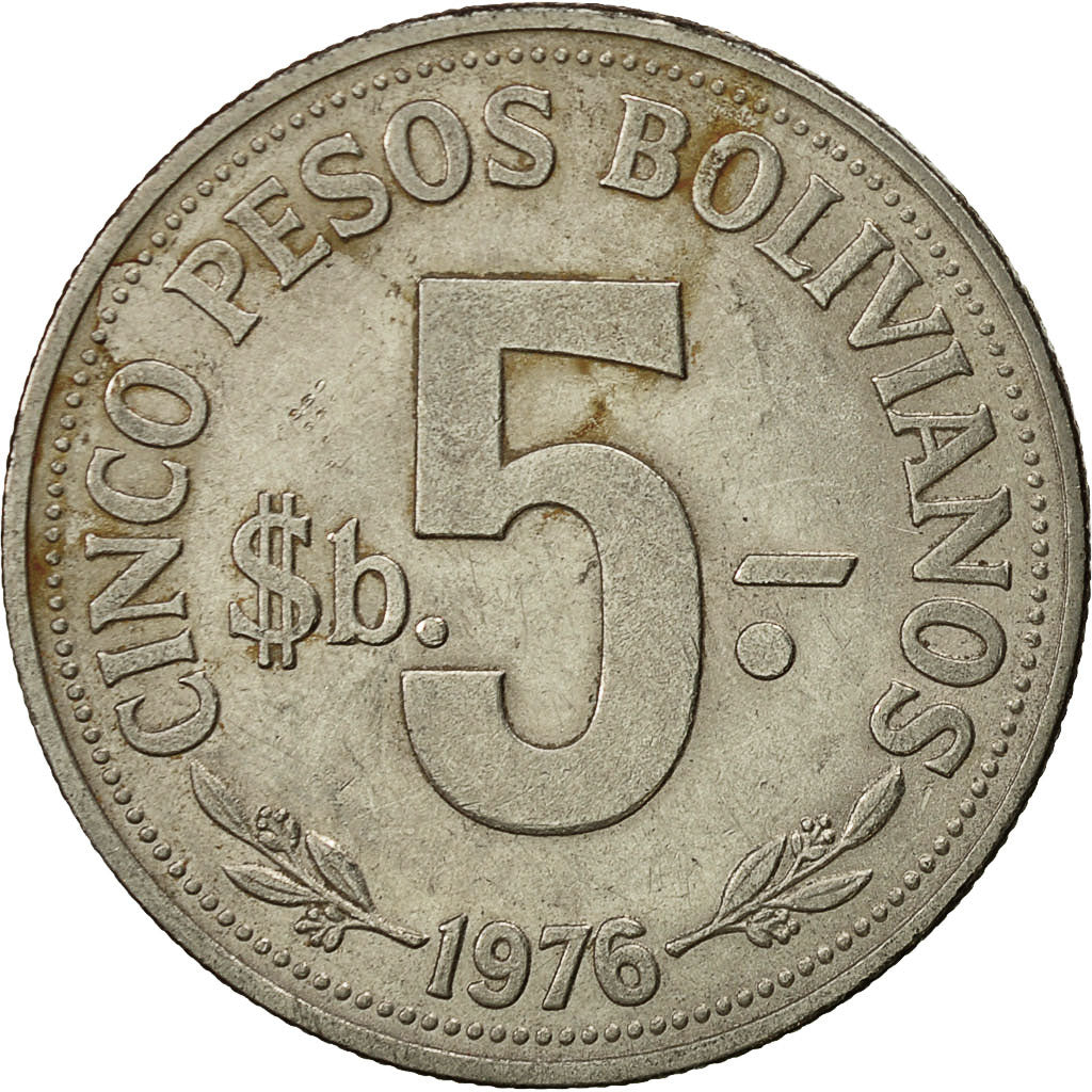 Coin, Bolivia, 5 Pesos Bolivianos, 1976, EF(40-45), Nickel Clad Steel, KM:197