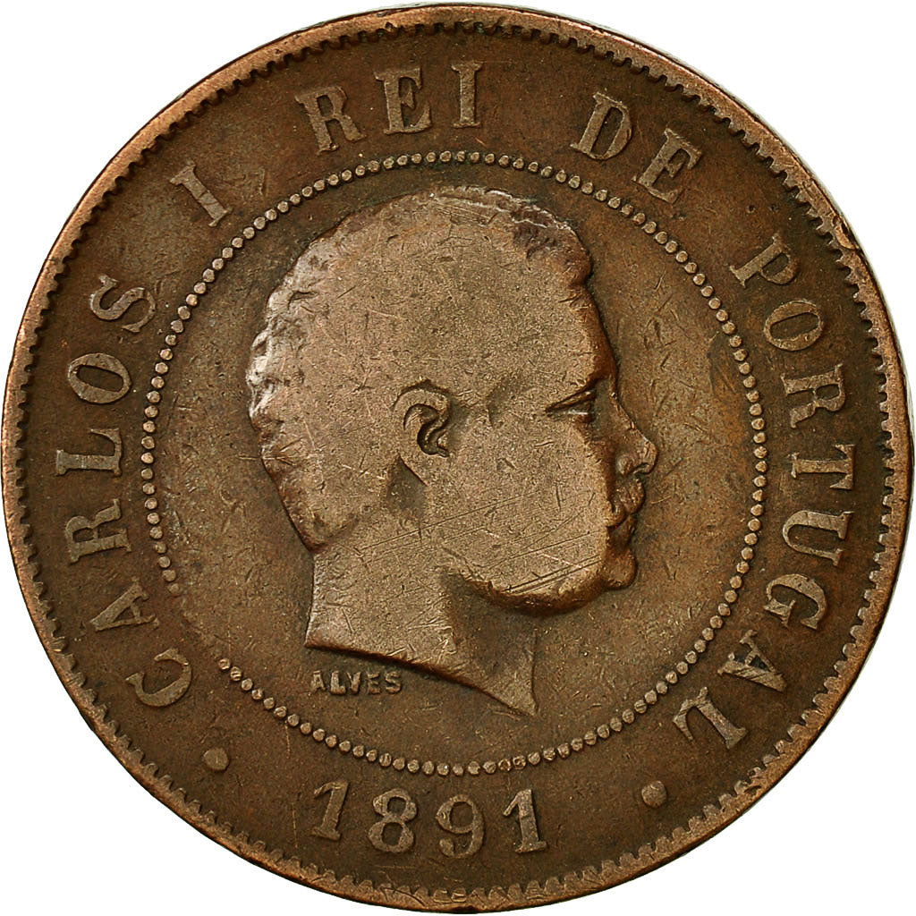 Moneta, Portogallo, Carlos I, 20 Reis, 1891, MB+, Bronzo, KM:533