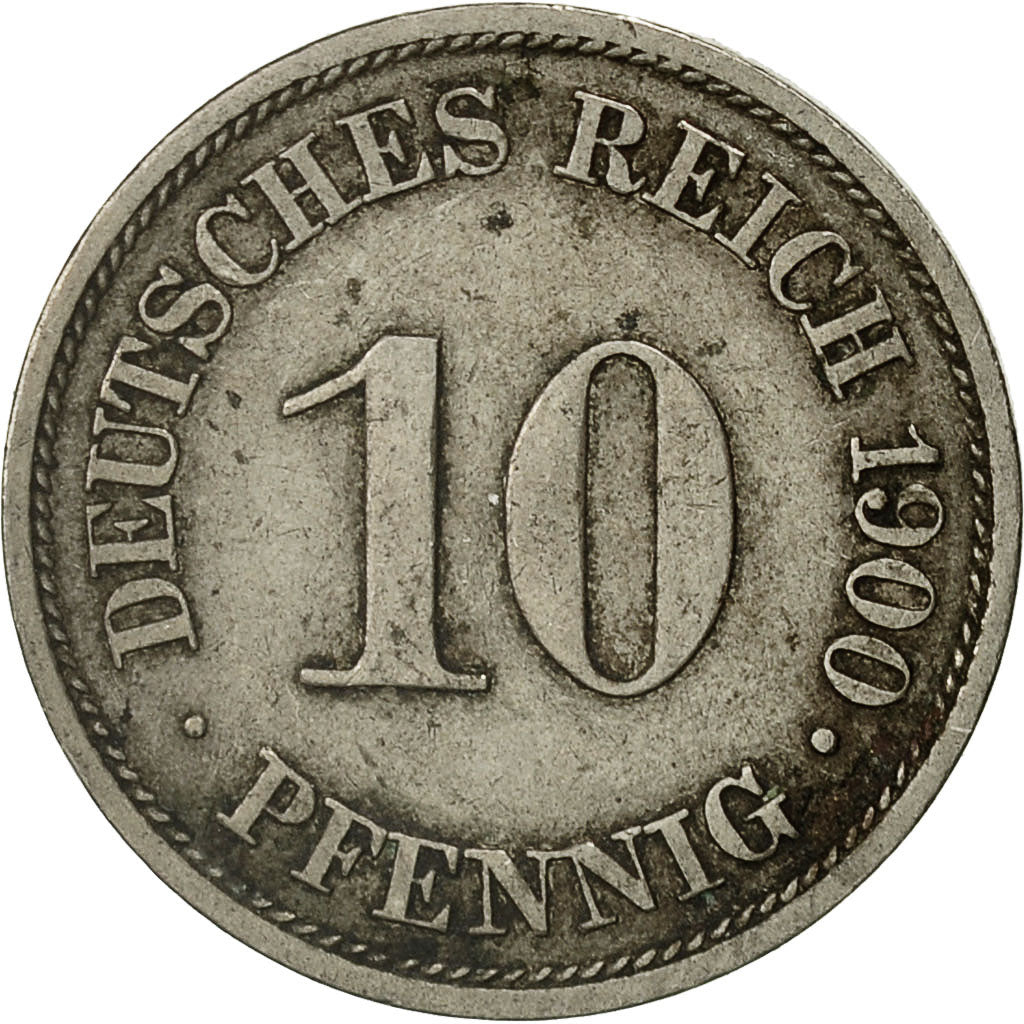 ALEMANIA - IMPERIO, Wilhelm II, 10 Pfennig, 1900, Berlin, MBC, Cobre - níquel