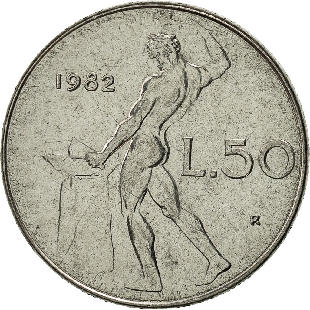 Coin, Italy, 50 Lire, 1982, Rome, AU(50-53), Stainless Steel, KM:95.1