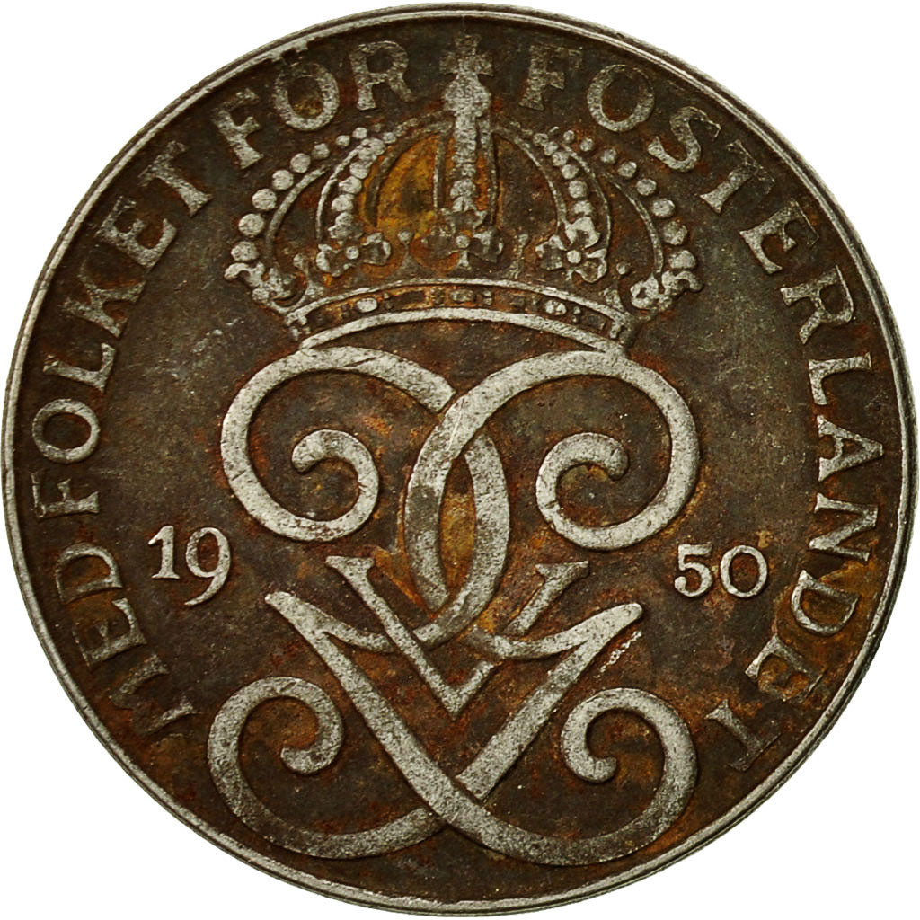 Coin, Sweden, Gustaf V, 2 Öre, 1950, EF(40-45), Bronze, KM:778
