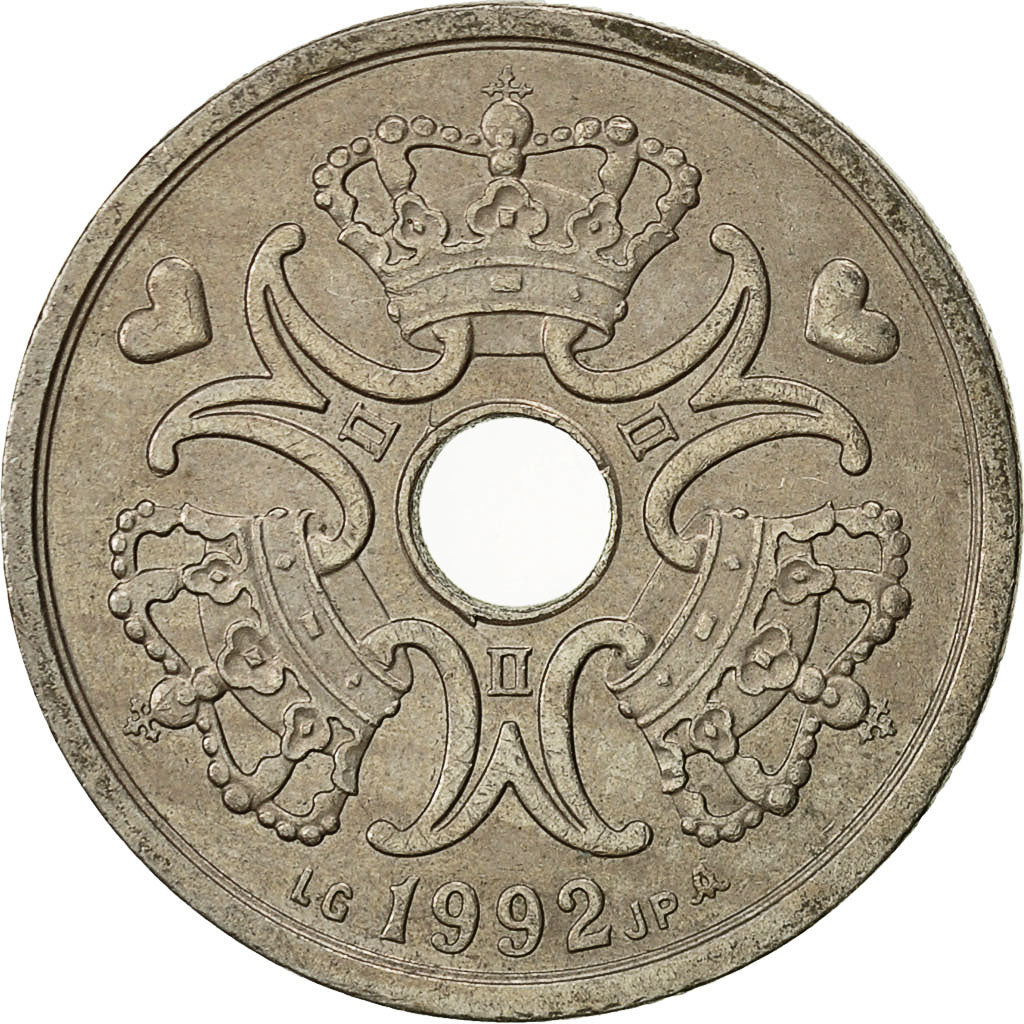 Moneda, Dinamarca, Margrethe II, 2 Kroner, 1992, Copenhagen, MBC+, Cobre -