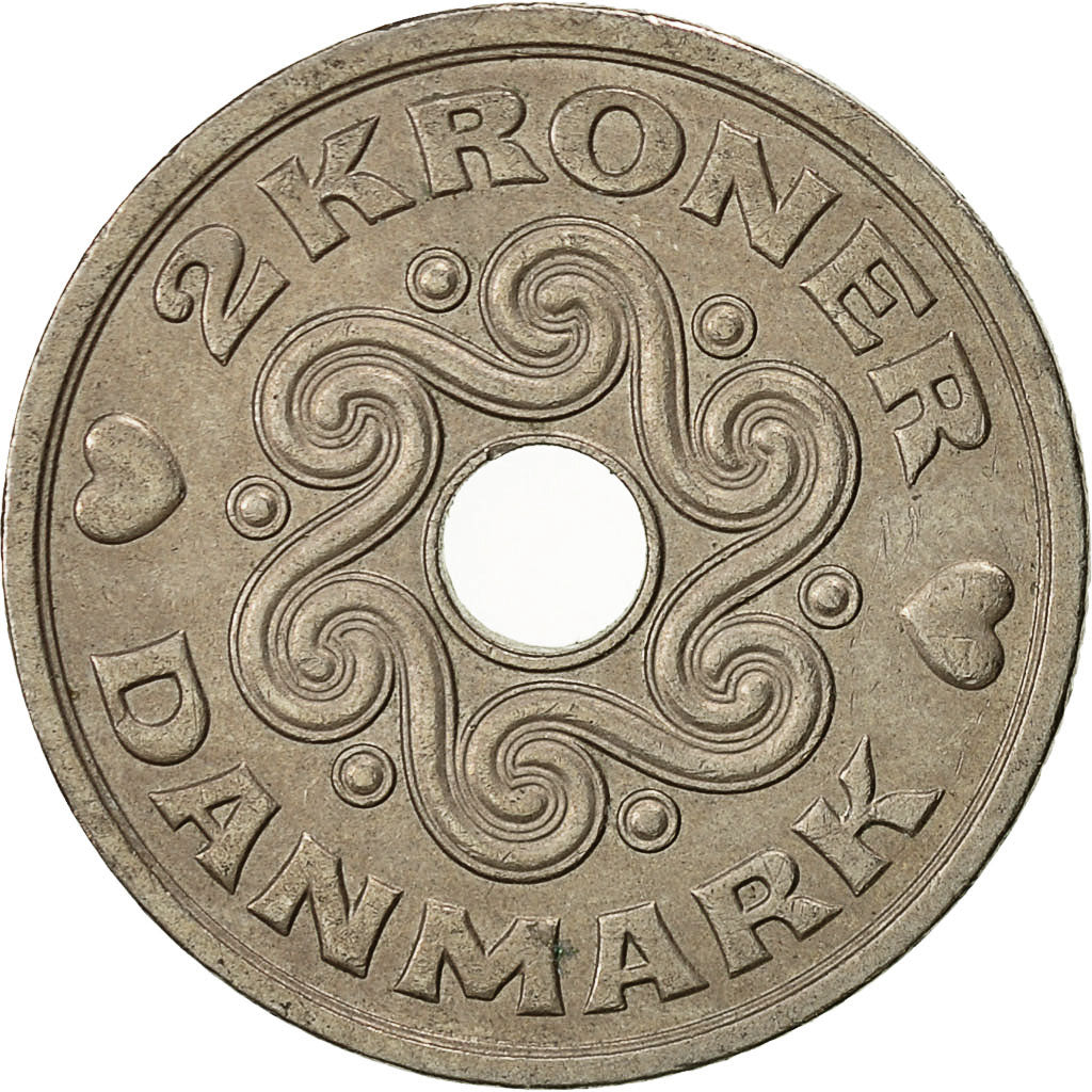 Moneda, Dinamarca, Margrethe II, 2 Kroner, 1992, Copenhagen, MBC+, Cobre -