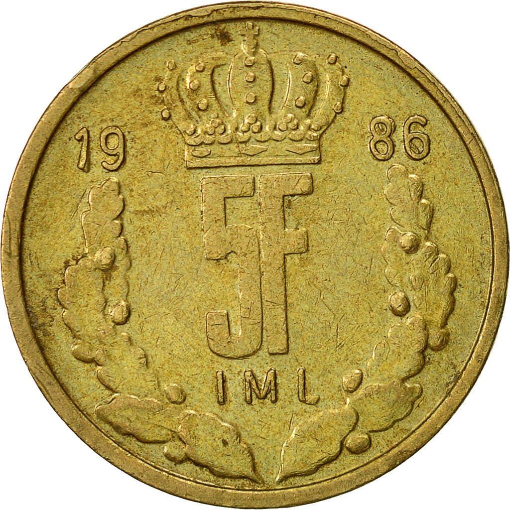 Coin, Luxembourg, Jean, 5 Francs, 1986, EF(40-45), Aluminum-Bronze, KM:60.1