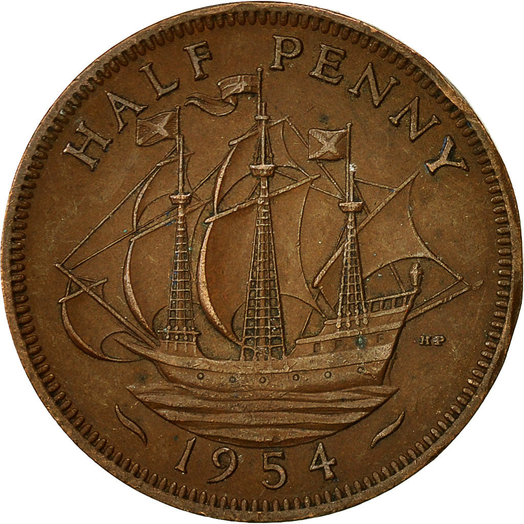 Coin, Great Britain, Elizabeth II, 1/2 Penny, 1954, VF(30-35), Bronze, KM:896