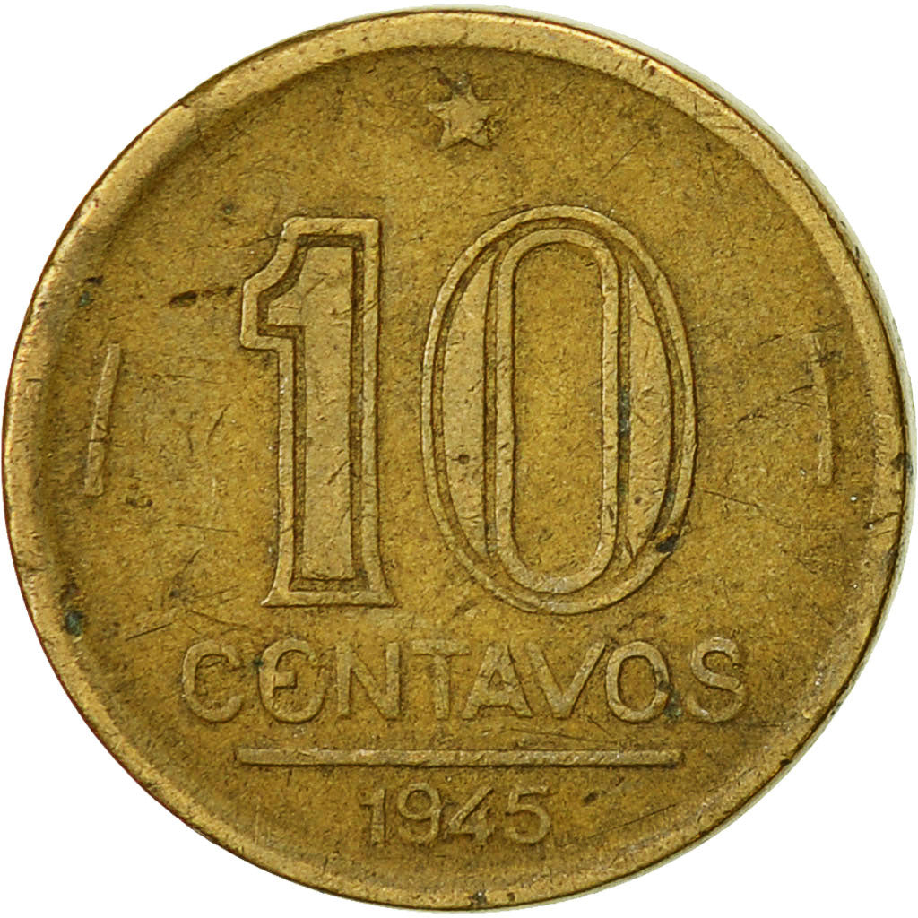 Münze, Brasilien, 10 Centavos, 1945, SS, Aluminum-Bronze, KM:555a.1