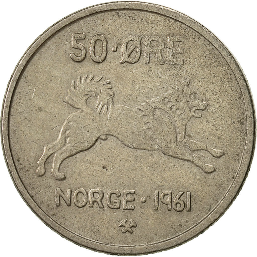 Coin, Norway, Olav V, 50 Öre, 1961, EF(40-45), Copper-nickel, KM:408