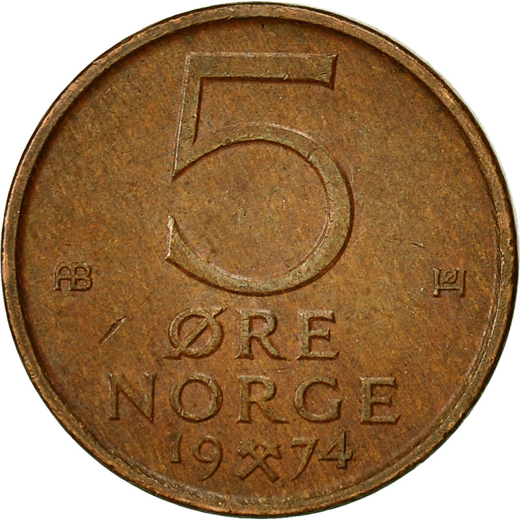 Münze, Norwegen, Olav V, 5 Öre, 1974, SS, Bronze, KM:415